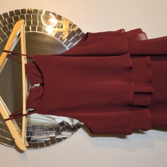 Jenny Yoo Charlie Tiered Ruffle Chiffon High-Neck Maxi Bridesmaid Gown In Merlot - Picture 5 of 13